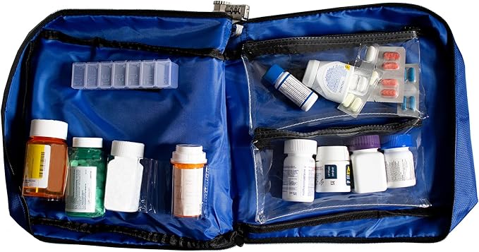 Large Medicine Bag Includes Pill Box and Removable Clear Bags, Prescription Bottle Organizer, Travel Carry Case, Combination Lock,12" x 10" x 2" (Royal Blue)
