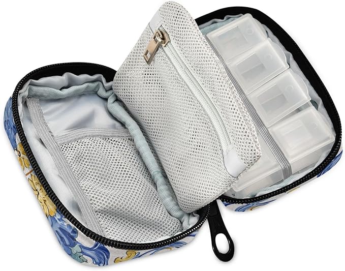 Vintage Floral Blue and Yellow Tile Travel Pill Organizer Case Box Container Weekly Portable Vitamin Medicine Holder Storage Bag with Zipper Removable