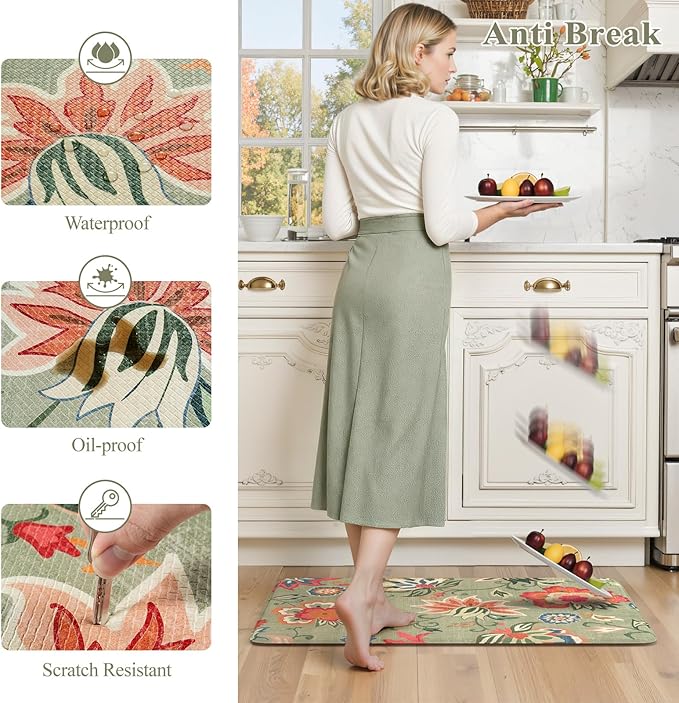 LEEVAN Anti Fatigue Mats for Kitchen Floor 2 Piece,Cushioned Memory Foam Green Kitchen Mats for Floor,Comfort Floral Boho Non Slip Kitchen Floor Mat for Sink,Laundry,Office(17''x29''+17''x47'')