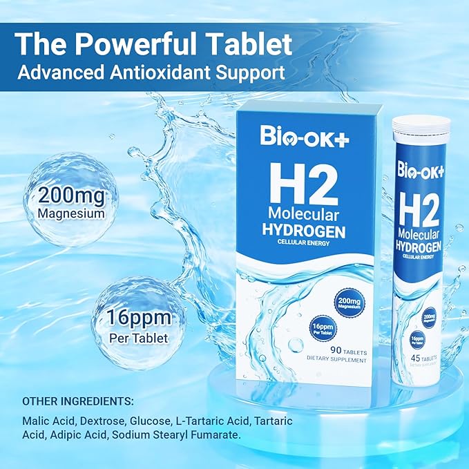 Hydrogen Water Tablets with 200MG Magnesium, 16 PPM H2 Hydrogen Tablets for Drinking Water, Rich in Antioxidants, Supports Cellular Health, Recovery, Immune & Brain Cognitive Function (90 Servings)