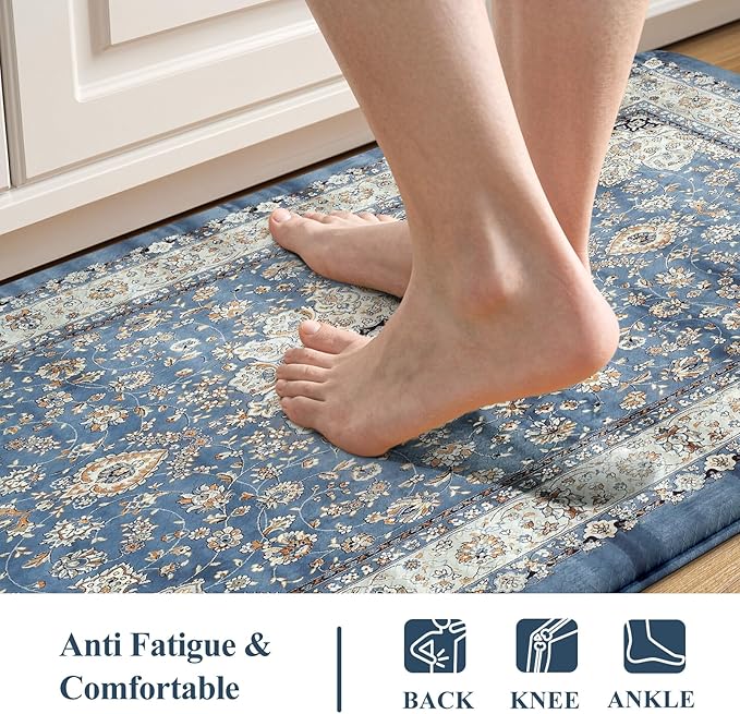 Collive Boho Blue Kitchen Mats Cushioned Anti Fatigue Mats, Non-Slip Kitchen Floor Mats, Kitchen Rugs for Sink, Laundry,Office, 17”x30” Waterproof Standing Desk Mat