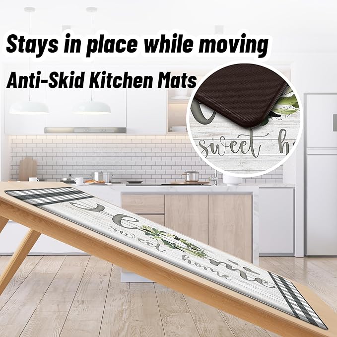 Qahing Farmhouse Kitchen Rugs Mats Sets of 2 Cushioned Anti Fatigue Kitchen Mats for Floor Spring Non Slip Memory Foam Kitchen Floor Mats Waterproof Comfort Standing Mats for Sink, 17.3"x28"+17.3"x47"