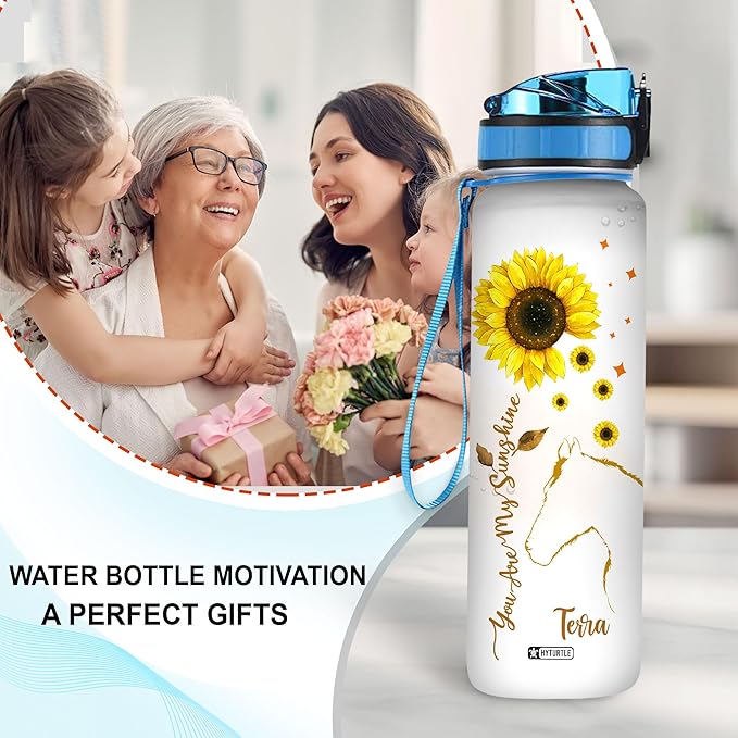 Hyturtle Personalized You Are My Sunshine Horse Sunflower 32oz Liter Motivational Water Bottle, Customized Name Tracking Water Bottle Gifts For Women Horse Lover Sunflower Lover On Birthday