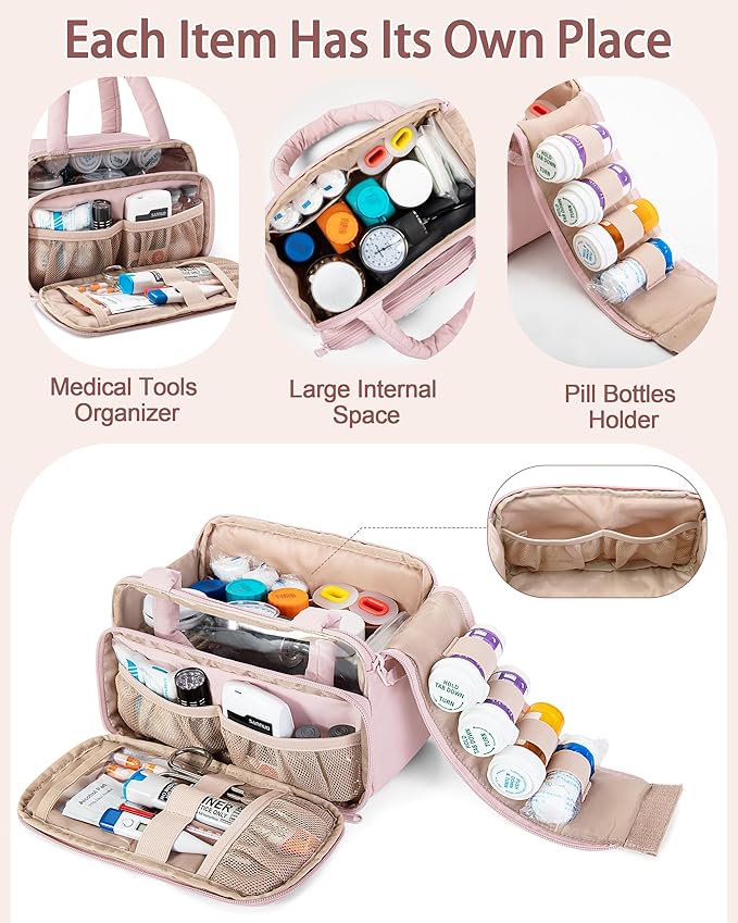 Fasrom Chenille Letter Medicine Bag, Preppy Patch Meds Bag for Travel, Pill Bottle Organizer with Puffy Handles, Portable Cosmetic Toiletry Storage Makeup Case for Women, Pink (Bag Only)