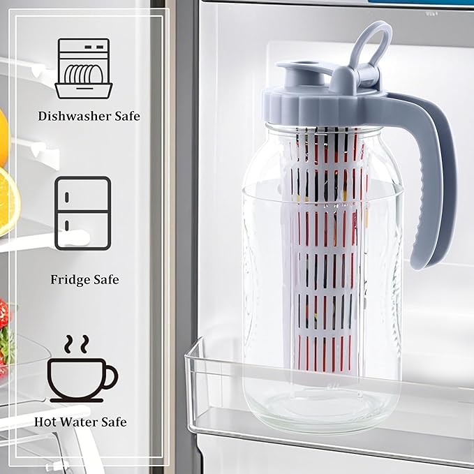 Mason Jar Pitcher With Fruit Infuser 2 Quart Water Pitcher With Pour Spout Lid 2 Pack Half gallon Wide Mouth Glass Carafe For Milk, Fruit Infused Water, Iced Tea, Lemonade, Cocktail, Cold Brew Coffee