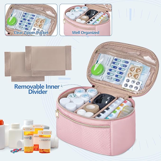 Fasrom Pill Bottle Organizer, Medicine Bag with Waterproof Mat & Adjustable Divider, Travel Carrying Case for Pills, Vitamins, Medical Supplies, First Aid Bag for Home Storage, Travel, Pink