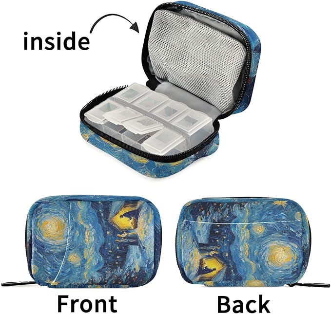 Christmas Starry Night Blue Travel Pill Organizer Case Box Container Weekly Portable Vitamin Medicine Holder Storage Bag with Zipper Removable