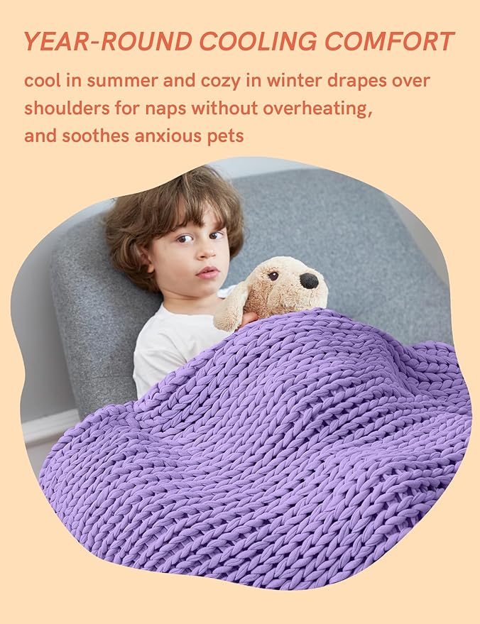 YnM Cooling Weighted Blanket, 100% Cotton Handmade Chunky Knitted Blanket, Weighted Lap, Breathable Heavy Blankets, Machine Washable Throw for Sleep or Home Decor (Purple, 25x35 Inch, 3lbs)
