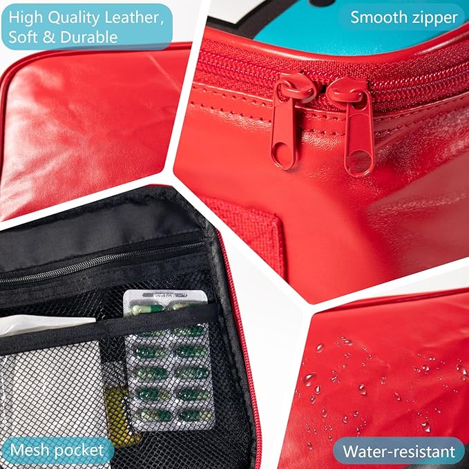 Medicine Bag, PU Leather Pill Bottle Organizer Storage, First Aid Bag Medication Travel Bag for Pills, Vitamins, Medical Supplies for Home, Traveling Hiking Camping (Red)