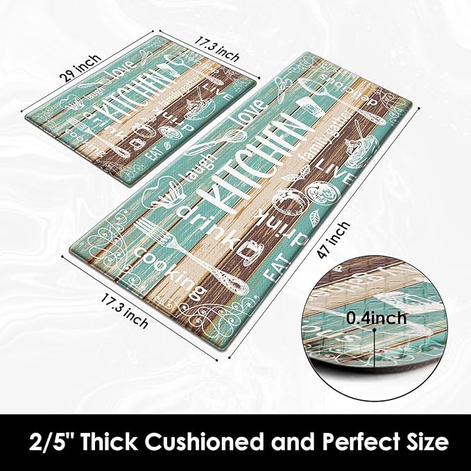 Arttown Farmhouse Teal Anti-Fatigue Kitchen Rug Set of 2 Wood Brown Black Vintage Cushioned Floor Standing Mat Waterproof Non-Slip Kitchen Mat and PVC Ergonomic Comfort Foam Rug
