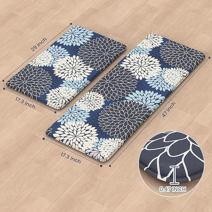 Anti Fatigue Kitchen Mats 2PCS,Boho Dahlia Kitchen Rugs Non Slip Rubber Backing,Farmhouse Waterproof Kitchen Mat for Floor,Cushioned Standing Mat for Kitchen,Sink,Desk,Mutil-Blue