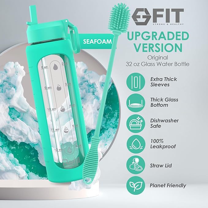 FIT Strong & Healthy 32 oz Glass Water Bottle with Straw Lid - Wide Mouth Borosilicate Glass Water Bottles with Time Marker, Silicone Sleeve & Extra Lid - 1L Large Motivational Drinking Bottle