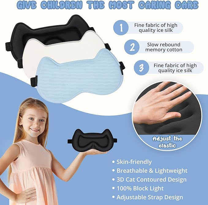 Kids Sleep Mask: 3D Contoured Cup Eye Mask, Blindfold with Adjustable Strap, Kids Eye Cover for Boys, Girls, Teens, Pressure-Free with Memory Foam Face Mask (Blue)