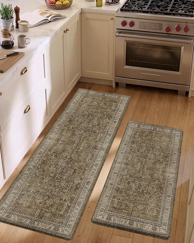 LUMI Anti-Fatigue Kitchen Floor Mats Set of 2,Cushioned Comfort Standing Rug Waterproof 2PCS, Non-Slip Ergonomic Foam Runner for Sink, Laundry, Office & Home,17x29+17x59,Tawny Echo