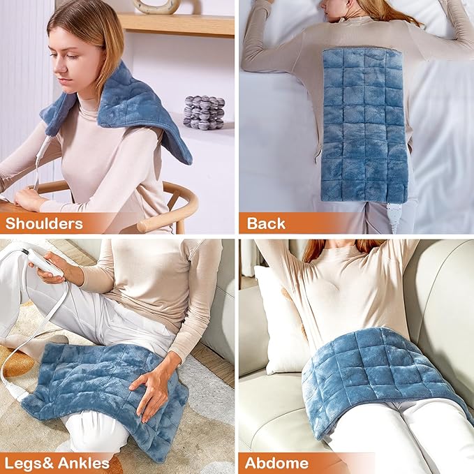 Weighted Heating Pad with 2 Massager,Vibrating Heating Pads for for Back &Neck Pain Cramps 12"x24",3 Heat Levels,9 Massage Modes,2Hrs Auto-Off,Fathers Day Gift (XL Blue)