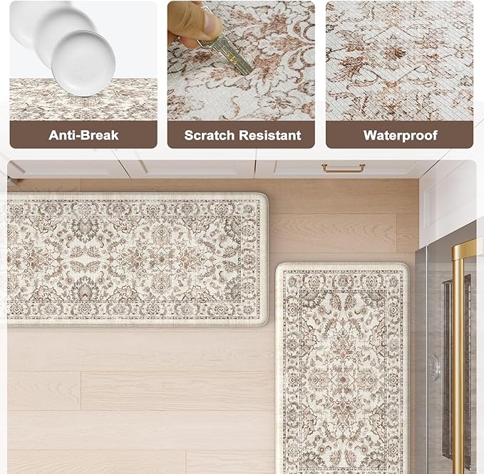 KIMODE Anti Fatigue Mats for Kitchen Floor,Kitchen Rugs Sets of 2 Non Slip,Padded Cushioned Kitchen Floor Mats,Memory Foam Kitchen Mat for Sink Laundry Office Desk,17"x29.5"+17" x47”,Khaki