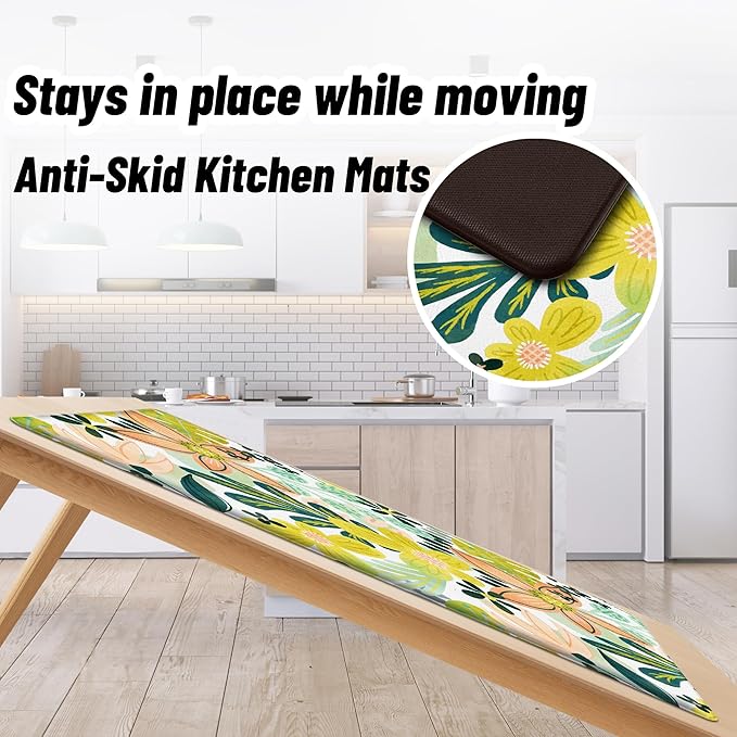 Boho Floral Long Kitchen Mats Rugs Sets of 2 Cushioned Anti Fatigue Floor Mat Foam Comfort Kitchen Rugs Farmhouse Style Non Slip Waterproof Mid Century Botanical Standing Mat for Sink Laundry