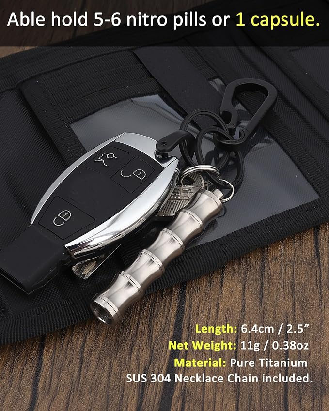Titanium Pill Holder Necklace Whistle Mini Keychain Nitro Pill Case Loud Emergency Whistle for EDC Safety Backpacking Survival Hiking Camping Pets Training