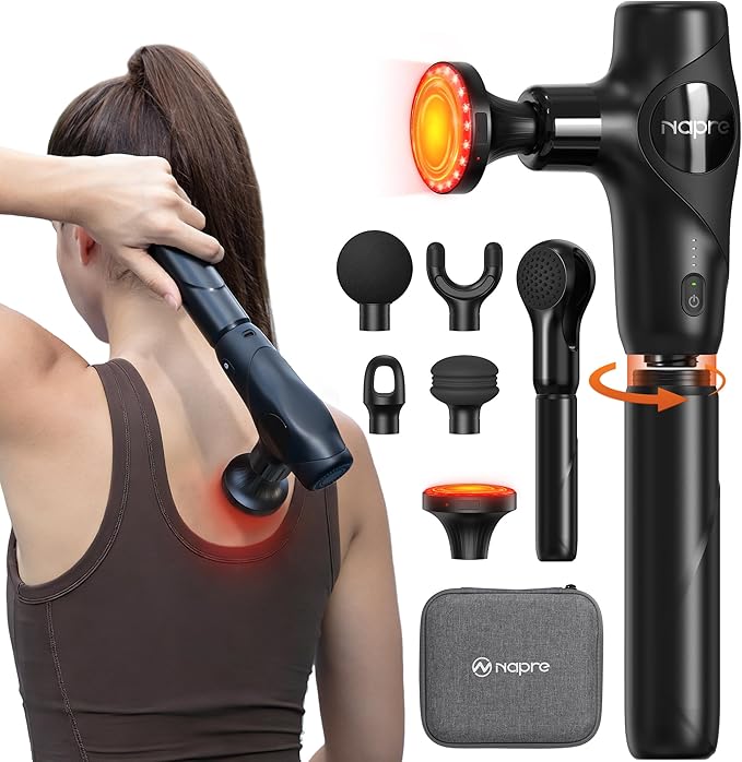 NAPRE 3-in-1 Detachable Massage Gun with Heat,Mini Massage Gun Deep Tissue with Extension Handle,Portable Handheld Percussion Muscle Massager for Back/Neck/Body,Small & Quiet,5 Heads