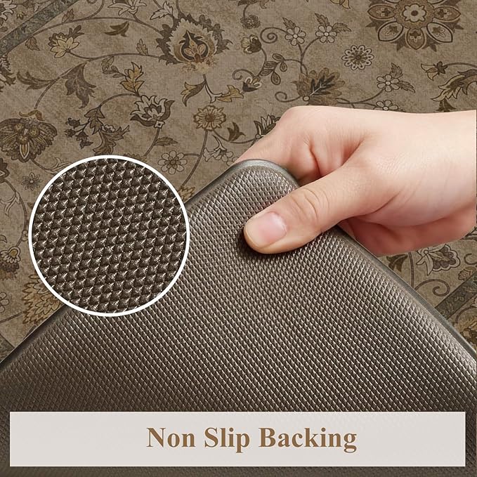 KIMODE Comfort Kitchen Floor Mats Cushioned Anti Fatigue,Boho Farmhouse Rugs for Floor Sets of 2,Memory Foam Ergonomic Kitchen Mat Non Slip for Laundry Office Bathroom Decor,Brown