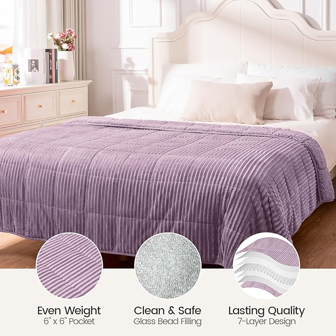 Sherpa Fleece Adult Weighted Blanket 20lbs with Ribbed Stripes, Dual Sided Fuzzy Warm Blanket for Couch Bed Sofa, Heavy Thick Blankets with Glass Beads Great for Sleep, Light Purple, 60" x 80"