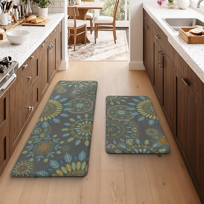 GENIMO Kitchen Mats for Floor 2PCS, Cushioned Kitchen Rugs Non Slip Washable, Farmhouse Anti Fatigue Mat Waterproof, Comfort Standing Mat Rug for Office, Home, Laundry, 17.3"x47"+17.3"x30", Green