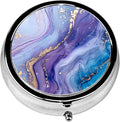 Pill Box, 3 Compartments Small Pill Case Travel Portable Metal Medicine Box with Mirror Mini Container for Purse Pocket Women Men(Purple Blue Marble)