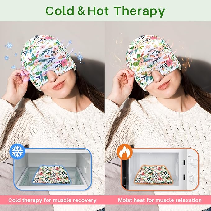ZNÖCUETÖD Migraine Headache Relief Cap Hat, Head ice Pack Wrap Cooling Gel Ice Beanie Cold Cap Hot/Cold Compress Therapy for Sinus, Stress, Tension, Head Pain Relief - Reusable Gift for Women (White)
