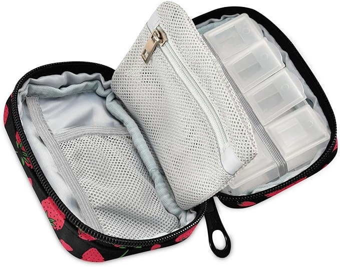 Strawberry Fruit Pill Box 7 Day Pill Case Travel Pill Organizer Bag Container for Medicine with Zipper Portable Weekly Case Compact Size for Medicine, Vitamin, Supplement