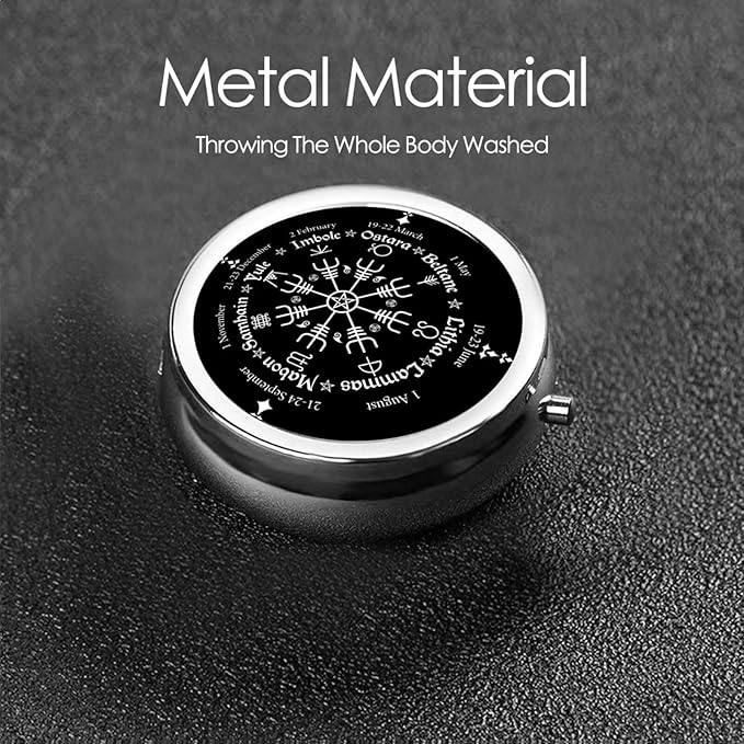 Round Stainless Steel Pill Box Case Norse Viking Vegvisir Compass Goth Pentagram, Pocket 3 inches Medicine Tablet Holder Organizer Case for Purse - Compact 3 Compartment