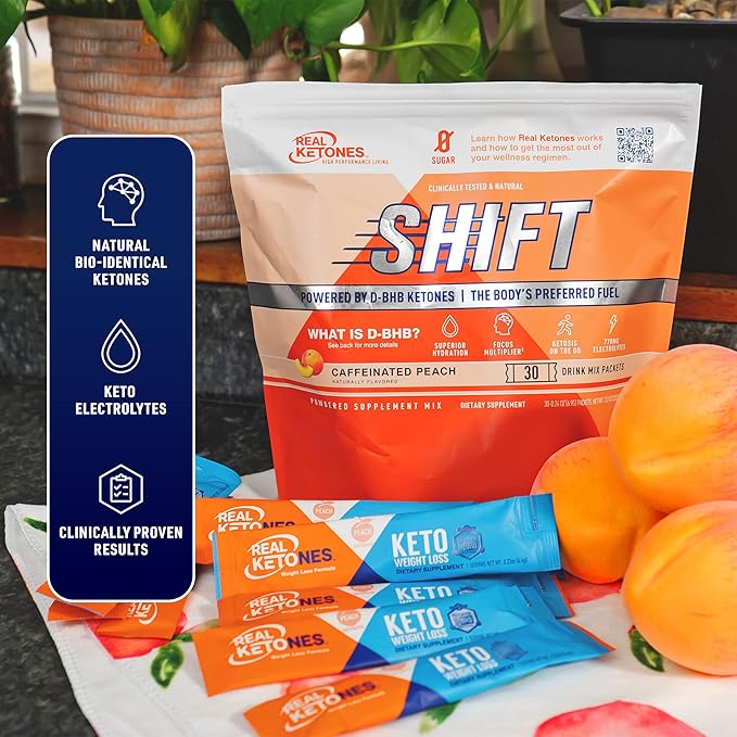 Real Ketones BHB Exogenous Ketones Drink Mix Packets Keto Electrolytes Powder Packets No Sugar with 4 Main Fasting Electrolytes Plus Hydrating Patented Keto BHB - 30 Count Peach Caffeine (Pack of 3)