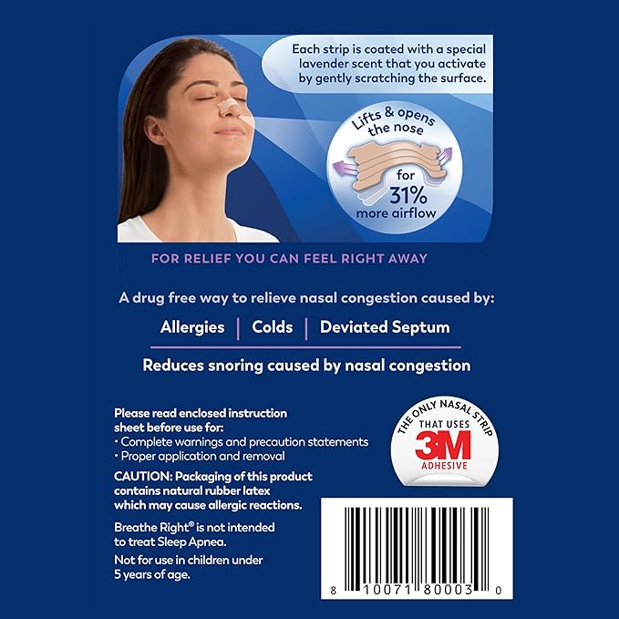 Breathe Right Nasal Strips Lavender Scent Extra Strength Tan Nasal Strips Help Stop Snoring Drug-Free Snoring Solution & Nasal Congestion Relief Caused By Colds & Allergies 26ct (packaging may vary)