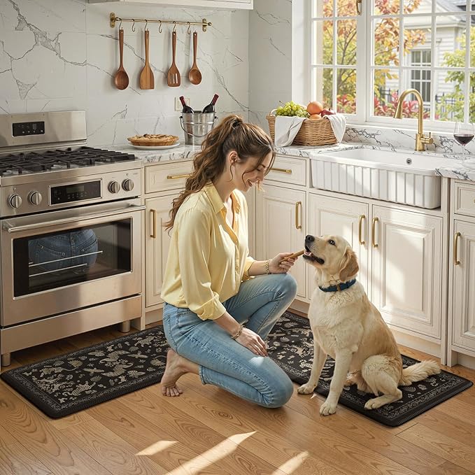 LEEVAN Cushioned Kitchen Mats for Floor 2 Piece, Anti Fatigue Mats for Kitchen Floor Non-Slip, Black Memory Foam Kitchen Mat Set, Waterproof Ergonomic Standing Mat for Bar, Office,Desk, Laundry
