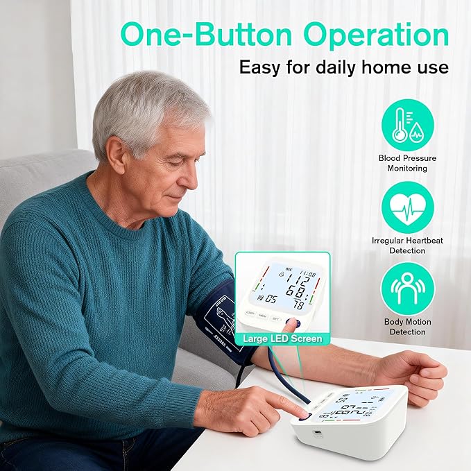 P PANACARE Upper Arm Blood Pressure Monitor – Large LCD Display BP Machine, 2-User 240 Memory, Irregular Heartbeat Detection, Wide Cuff 8.7"-20.5", Type-C Power