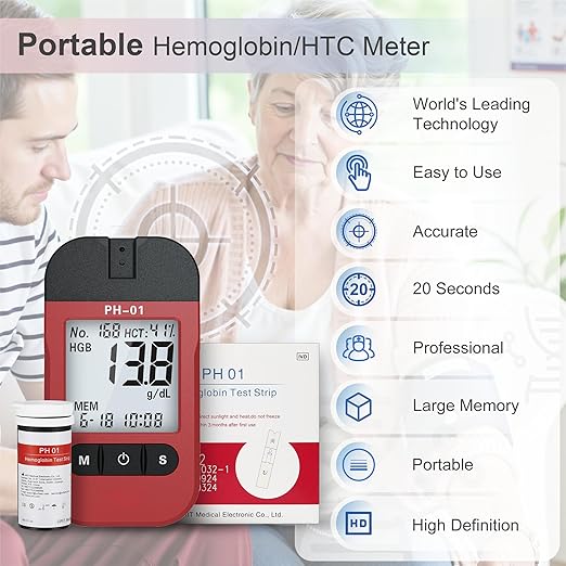 Hemoglobin Test Kits with 25 Hemoglobin Test Strips, Hemoglobin Test Meter Kit for Home Use, Home Hemoglobin Tester, Easy to Use and Read.