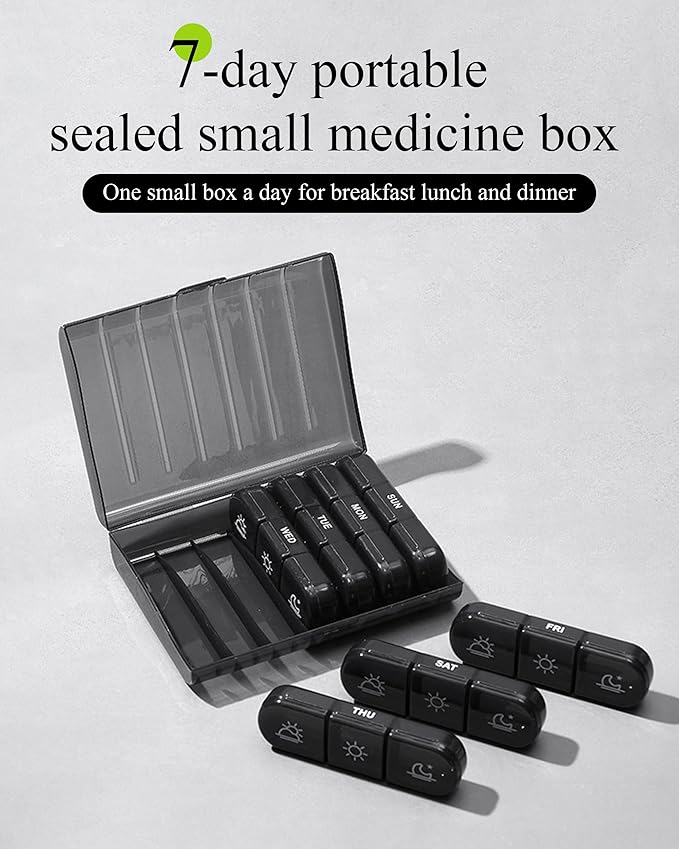 SPRING SEAON Weekly Pill Organizer Travel Pill Case Vitamins Box for Pills 3 Times a Day Extra Large Capacity Durable Hinge Easy Open Lids Medicine Container (Black & Colorful Options)