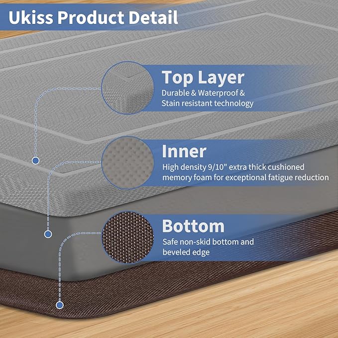 UKISS 9/10"" Extra Thick Cushioned Anti Fatigue Kitchen Mat, Waterproof High Density Foam Standing Desk Mat, Non-Slip Ergonomic Comfort Mat for Kitchen, Office,Workstation Black (Grey, 20" X 48")