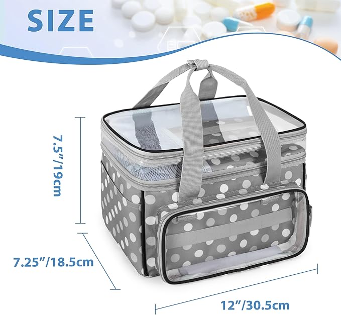 LUXJA Double-Layer Medicine Bag with Transparent Compartment, Pill Bottle Organizer with Detachable Divider (Suitable as a Home or Travel Medicine Bag), Polka Dots