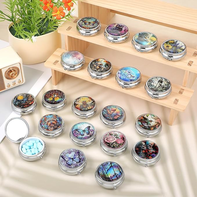 Molain 20Pcs Pill Organizer, Pill Box with Mirror, Portable Small Pill Case for Purse or Pocket, Cute Metal Pill Holder for Travel, Vitamins, Medication, Supplements