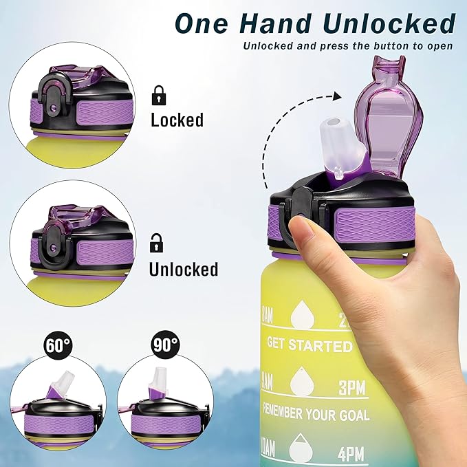 Motivational Water Bottle with Time Marker - 32oz, Leak-proof BPA Free Sports Water Bottles with Straw & Carrying Strap