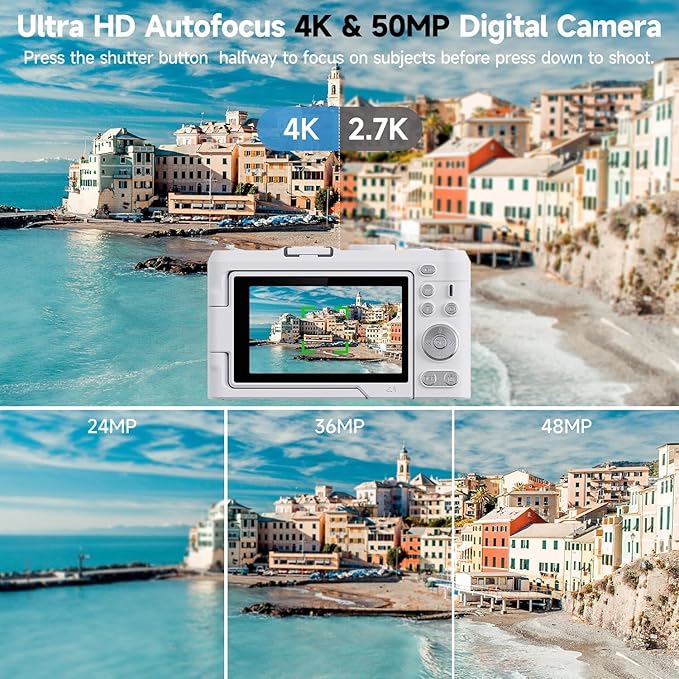 Digital Camera 4K for Photography, 50MP Vlogging Camera for YouTube Video with Flash and 3" 180° Flip Screen, 18X Digital Zoom Compact Travel Cameras with 64GB TF Card for Teens Beginner (White)