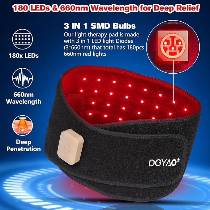 Red Light Therapy Belt for Back Pain Relief, Portable 660nm Light Therapy Wrap for Body and Waist, Rechargeable Cordless Controller SMD 3 in 1 Bulb Light for Joint Pain Relief Muscle Relax