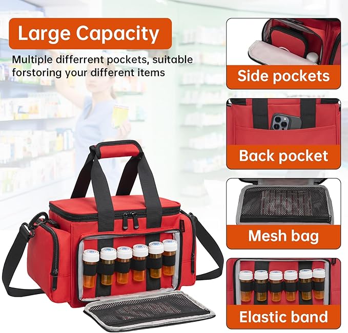 Medicine Storage Bag, Pill Bottle Organizer with Portable Small Pouch, Medication Bottle Organizer Empty with Shoulder Strap for Home Storage and Travel