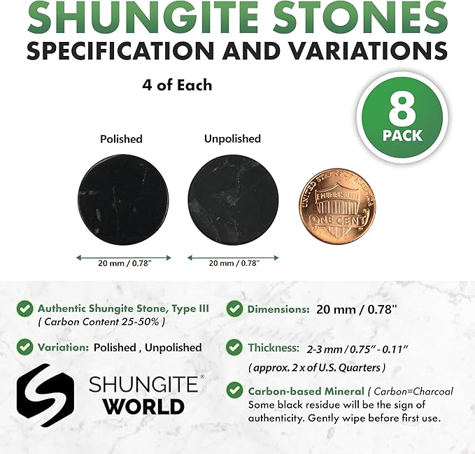 8 pcs Shungite Stickers Set Round 20 mm Polished and Unpolished (4 of Each) for Cell Phone Case Tablet Laptop Computer - Energy Shungite Stones Protection Plate with Carbon Fullerenes