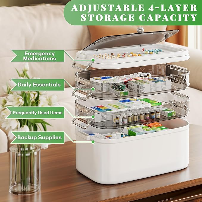 NiHome 4-Tier Medicine Organizer Box with Pill Case, 12.2"x7.09"x10.24" Large Portable Medication Storage for Home & Travel, Adjustable Moisture-Resistant Layers, Easy-Access Lid & Handles