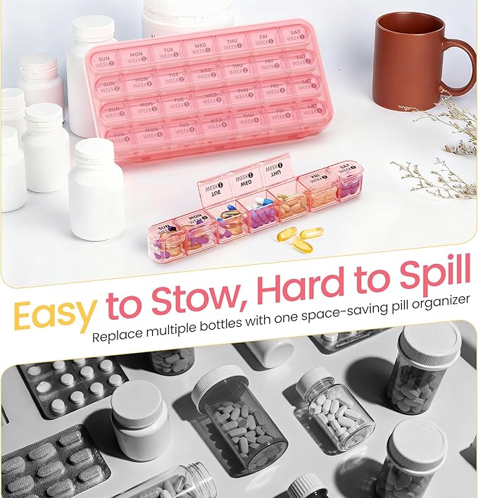 Betife Monthly Pill Organizer 1 Time a Day, 4 Weekly Pill Box Organizer Once a Day, 28 Day Large Pill Case for Travel, 28 Day Daily Medcine Container for Vitamins, Supplement & Medication (Pink)