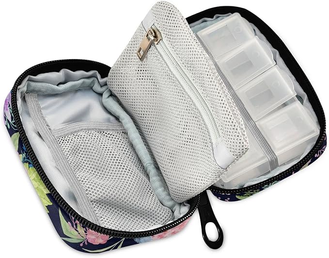 Hummingbird Floral Pill Case, Weekly Portable Pill Bag Container 7 Days Pill Box Organizer Vitamin Supplement Holder with Zipper for Travel Family Business