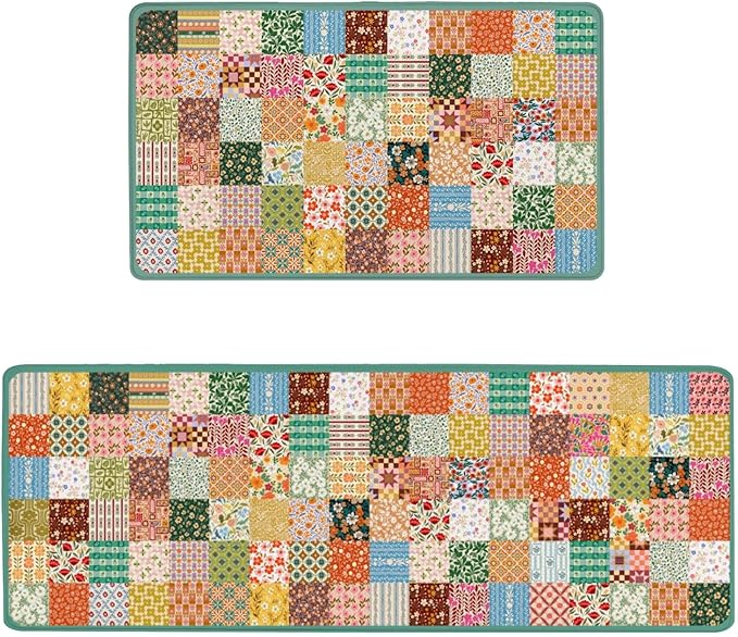 Anti Fatigue Kitchen Rugs Set of 2, Boho Kitchen Mats for Floor, Stitched Floral Kitchen Decor, Anti-Slip and Anti-Fatigue Foam Standing Mat, 17x30 Inch Sink Mat+17x48 Inch Runner Rug Sapphire