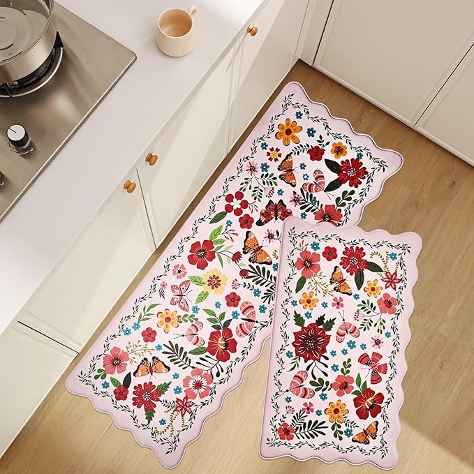 UKISS Kitchen Rugs, 2PCS Waterproof Kitchen Mats, Cushioned Anti Fatigue Kitchen Mat, Non-Slip Boho Comfort Mat for Kitchen, Floor Home, Sink, Laundry,17.3"x28"+17.3"x47", White &Pink (Pink)