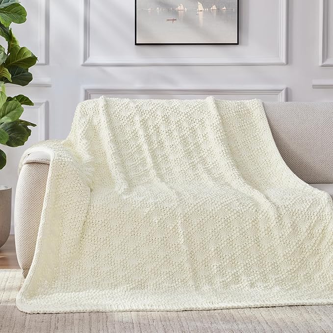 Knitted Weighted Blanket for Adult, Chunky Knit Weighted Throw for Sleep 48"*72" 10lbs, Cooling Breathable Heavy Blanket for Hot Sleepers, Machine Washable Blanket for Room Decor(Ivory White)